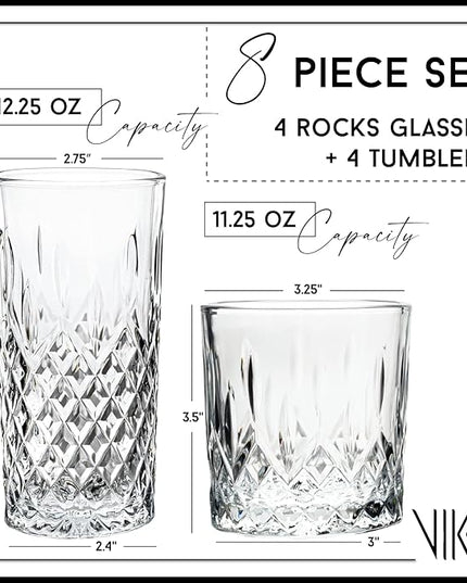 Vikko Rock and Tumbler Set, 8 Piece Set of Elegant Glasses, 4 Tall 12.25 Ounce Glasses and 4 Short 11.25 ounce Whiskey Glasses