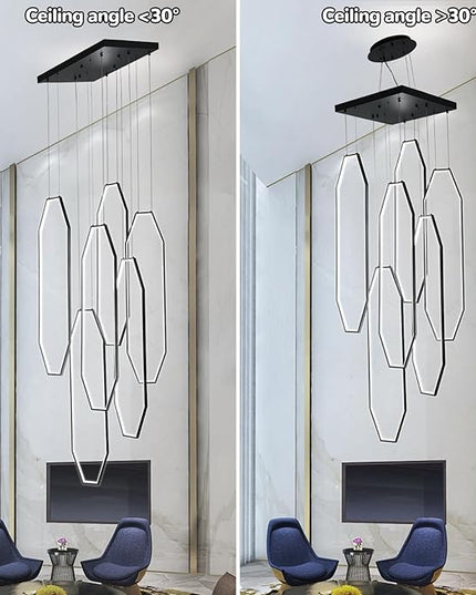 Modern Staircase Chandelier LED 6-Rings Foyer Chandeliers for High Ceilings Black Large Chandeliers Remote Control 3000K-6000K Dimmable Pendant Light for Living Room Staircase Entryway