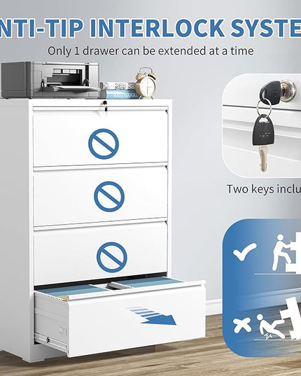 File Cabinets 4 Drawer,Metal Office Storage Filing Cabinet with Lock,White Lateral Filing Cabinet for Home Office,Horizontal Locking File Cabinet for Legal/Letter/A4,Assembly Require,White