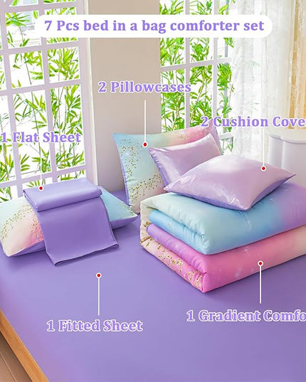 Rainbow Bedding Set Full Size – 7 Piece Reversible Girls Comforter with Deep-Pocket Sheet, Gradient Galaxy Design, Whole-Piece Filling, Machine Washable Bed-in-a-Bag for Kids Room Makeover & Gifts