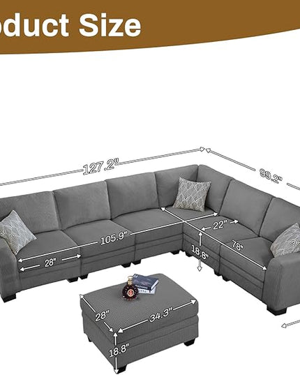 Legend Vansen Oversized Modular Sectional Sofa,7 Seat U Shaped Couch with Ottoman,Corduroy Sofa with Deep Seat,Convertible Large Sectional Couches for Living Room (Grey, L-9）