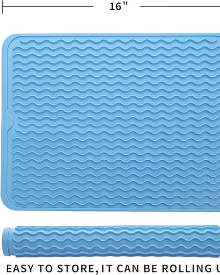 Silicone Dish Drying Mat for Multiple Usage,Easy clean,Eco-friendly,Heat-resistant Silicone Mat for Kitchen Counter or Sink,Refrigerator or drawer liner Light Blue L 16 inches x 12 inches