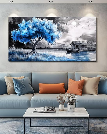 PHAOHUAXM Large Wall Art For Living Room Blue Wall Decor For Bedroom Black White And Blue Trees Wall Pictures Restaurant Office Frame Printing Canvas Large Artwork Modern Home Decoration 30x60 in