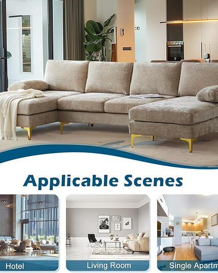 VINGLI 110" Large U-Shape Sectional Sofa Couch with 51" D Double Chaise for Living Room, Modern Sectional Couch Set with Soft 5.9" Thickness Seating Padding, Chenille Fabric,Metal Gold Legs(Khaki)