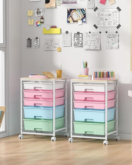 Utility Cart with 5 Drawers,Storage Drawer Cart with Wooden Tabletop and Lockable Wheels,Craft Storage Trolley Cart,5-Tier Rolling Utility Cart on Wheels,Rainbow