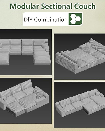 136" Cloud Couch Modular Sectional Sofa for Living Room, U-Shape Boneless Couch with Deep Seat, Modern Corduroy 4-Seater with Ottoman, No Assembly Required (Green,Right-Facing Chaise)