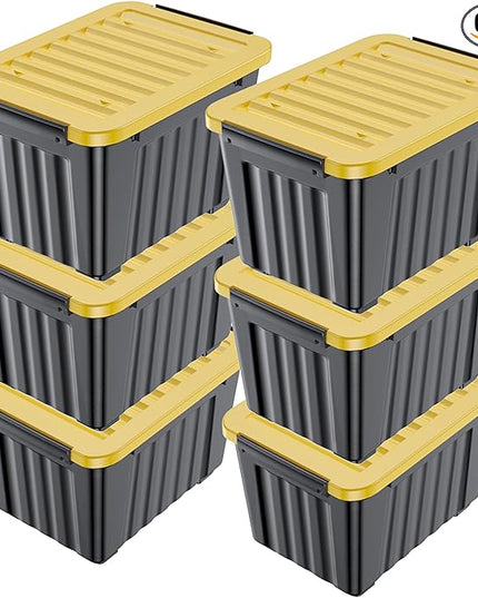 Nazhura 97 Quart Plastic Storage Bin, Stackable and Nestable Storage Boxes with Yellow Lids and Secure Latching Buckles, Large Storage Container (Black/Yellow, 97Quart-6Pack)