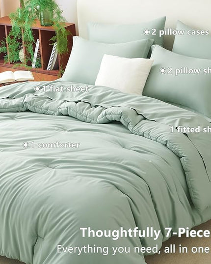 CozyLux Full Comforter Set Sage Green, 7 Pieces Bed in a Bag, Bedding Comforter Set with Sheets, All Season Boho 7PC Bed Sets with Comforter, Fitted Sheets, Flat Sheets, Pillow Shams and Pillowcases