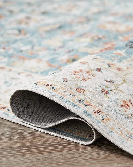 jinchan Runner Rug 2x5 - Hallway Rug Kitchen Washable Runner Vintage Floral Boho Lightweight Thin Non-Slip Retro Distressed Carpet for Entryway Bathroom Bedroom Laundry Room Light Blue
