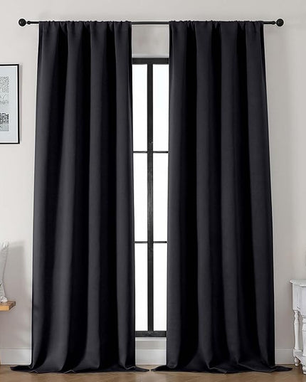 Gwine Black Blackout Curtains for Bedroom 96 Inch Length, Room Darkening Energy Saving Black Out Curtains for Living Room, Window Treatment Drapes with Rod Pocket, Each 40" Wx96 L, 2PCS