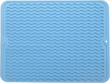 Silicone Dish Drying Mat for Multiple Usage,Easy clean,Eco-friendly,Heat-resistant Silicone Mat for Kitchen Counter or Sink,Refrigerator or drawer liner Light Blue L 16 inches x 12 inches