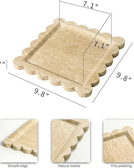 Natural 100% Marble Vanity Tray Luxury Scalloped Marble Tray, Travertine Tray for Home Decor Bathroom Kitchen Candle Key (Square-9.8 * 9.8-Beige Travertine)