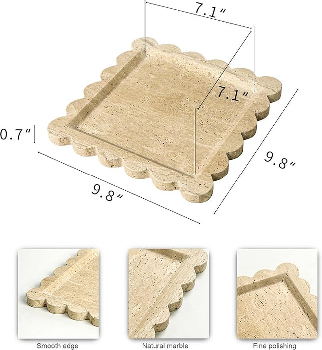 Natural 100% Marble Vanity Tray Luxury Scalloped Marble Tray, Travertine Tray for Home Decor Bathroom Kitchen Candle Key (Square-9.8 * 9.8-Beige Travertine)
