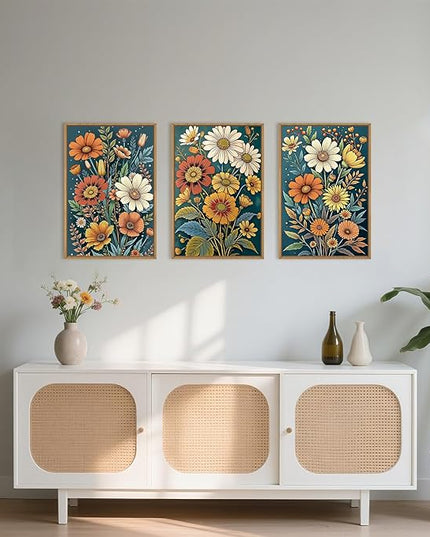 HOURIA Boho Vintage Floral Framed Canvas Wall Art Set,Nordic Retro Colorful Wildflower & Green Leaves Wall Decor,Abstract Vibrant Bouquet Botanical Artwork for Living Room, Bedroom,Farmhouse-16"x24"x3