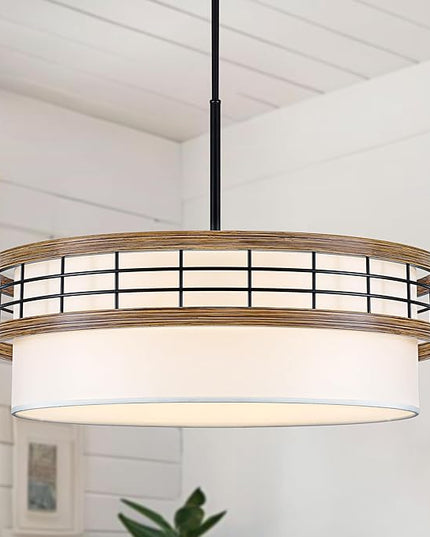 22" Large Drum Chandelier, Black and Wood Texture Pendant Light, 5-Light Farmhouse Kitchen Chandelier for Dining Room Foyer Entryway Bedroom
