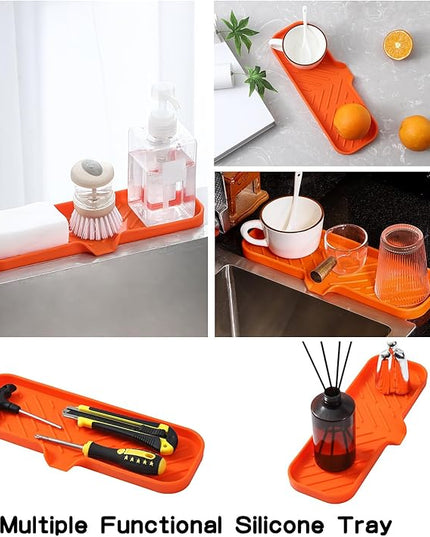Silicone Bathroom Soap Dishes with Drain Spout-Bathroom and Kitchen Sink Organizer,Sponge Holder,Dish Soap Tray,Perfect for Dispenser,Scrubber,Bottle,Cup on Sink or Counter-Orange 12"×4"
