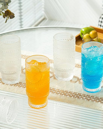 4 Pack Vintage Glassware Drinking Glasses Set, 16 oz Hobnail Glassware, Embossed Clear Water Tumbler, Cocktail Glass Cups for Kitchen and Bar, Perfect for Juice, Iced Coffee, Whiskey, Beer