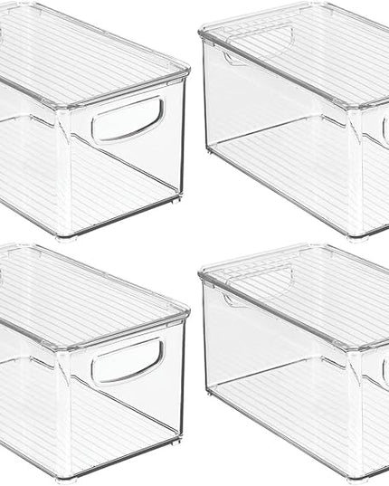 mDesign Plastic Deep Storage Bin Box Container with Lid and Built-In Handles - Organization for Fruit, Snacks, or Food in Kitchen Pantry, Cabinet, or Cupboard, Ligne Collection, 4 Pack, Clear