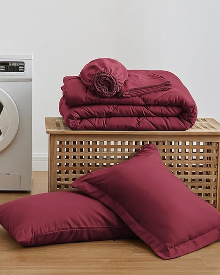 Love's cabin Twin XL Comforter Set Burgundy, 5 Pieces Twin XL Bed in a Bag, All Season Bedding Sets with 1 Comforter, 1 Flat Sheet, 1 Fitted Sheet, 1 Pillowcase and 1 Pillow Sham