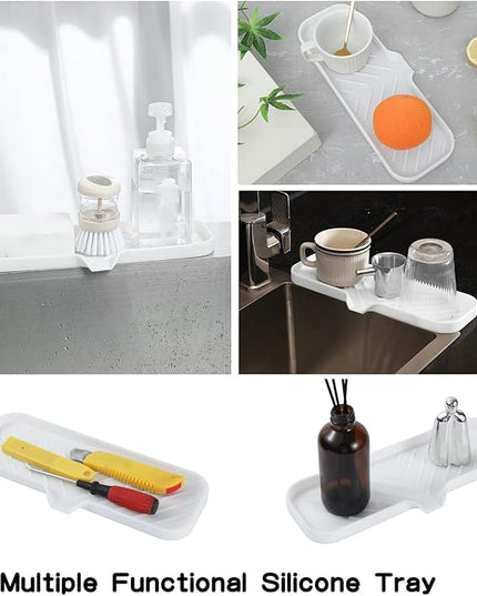 Silicone Bathroom Soap Dishes with Drain Spout-Bathroom and Kitchen Sink Organizer,Sponge Holder,Dish Soap Tray,Perfect for Dispenser,Scrubber,Bottle,Cup on Sink or Counter-White 12"×4"