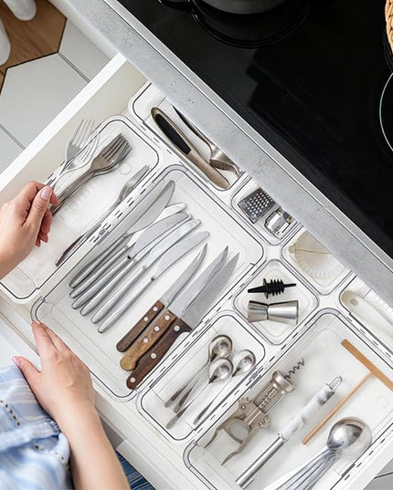 14 Pcs Adjustable Clear Drawer Organizer, Extendable Vanity Storage Bins, Desk Drawer Organizer Set for Makeup, Cosmetics, Bedroom, and Gadgets, Clear