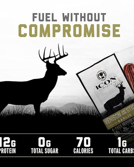 ICON Meats Venison and Pork Snack Sticks, Garlic, 6 Pack High Protein Snacks, 4 Meat Sticks per Pack, Zero Sugar, Gluten Free, Natural, USDA Inspected, Made in the USA, Gifts & Stocking Stuffers