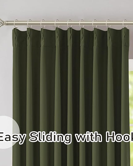 DONREN Olive Green Pinch Pleated Blackout Curtains with Hooks - 144 inches Extra Long Room Darkening Thermal Insulated Window Curtain Panels for High Ceiling Living Room 2 Panel 40" Wx144 L