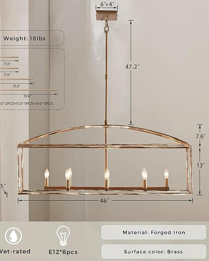 Farmhouse Iron Linear Chandelier, Industrial Cage Adjustable Height Hanging Lamp with Hammered Metal Finish, Light Fixtures for Kitchen Island, Dining Room, Hallway, Foyer, Entryway (Brass)