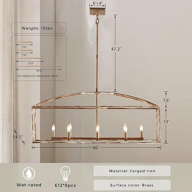 Farmhouse Iron Linear Chandelier, Industrial Cage Adjustable Height Hanging Lamp with Hammered Metal Finish, Light Fixtures for Kitchen Island, Dining Room, Hallway, Foyer, Entryway (Brass)