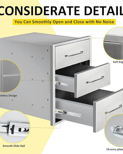 Outdoor Kitchen Drawers 16" W x 21" H x 23" D Flush Mount Triple BBQ Drawers with Chrome Handle Stainless Steel Drawer for Outdoor Kitchen Island, Patio Grill Station