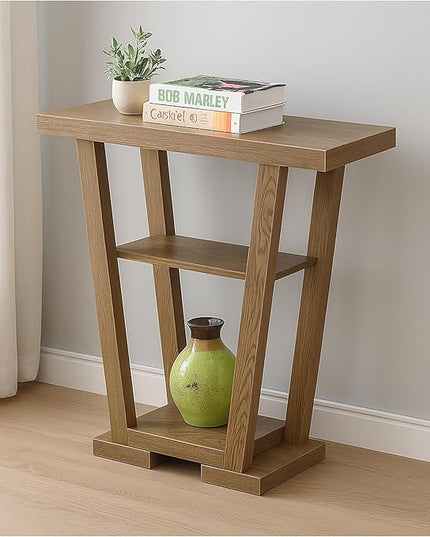 CARTESIAN Modern V-Shaped Console Table with 2 Shelves, Oak Wood Finish, 31.5 x 11.5 x 34 inches, Contemporary Entryway Sofa Table for Living Room