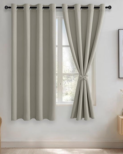 JIUZHEN Silver Grey Blackout Curtains with Tiebacks-Thermal Insulated, Light Blocking and Noise Reducing Grommet Curtain Drapes for Bedroom and Living Room, Set of 2 Curtain Panels, 52x63 Inch Length