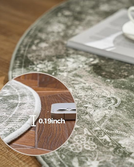 jinchan Round Rug 8ft Area Rug - Green Vintage Floor Mat Kitchen Indoor - Washable Circle 8' Thin Floral Print Christmas Carpet Retro Farmhouse Non Slip Dining Room Living Room Bedroom Office