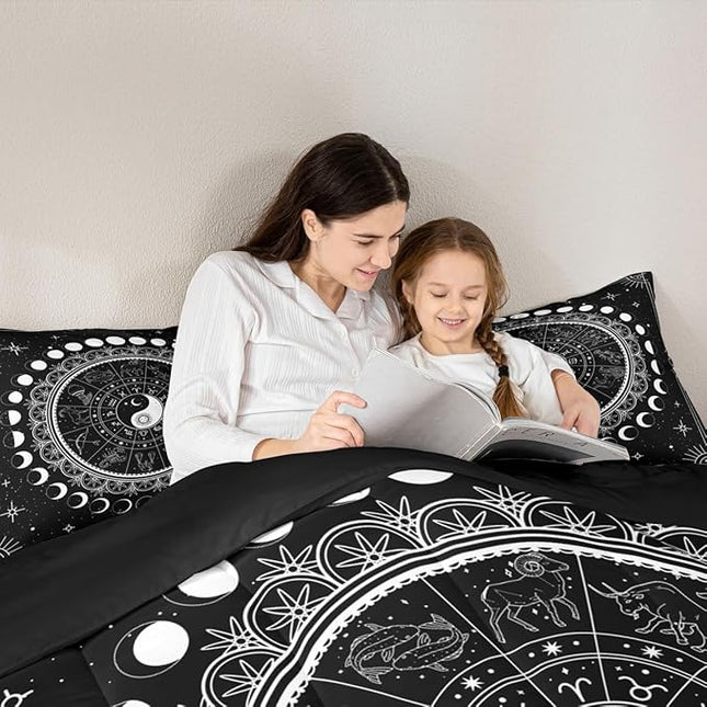 Sun Moon Kids Comforter Set Twin Size,Starry Sky Galaxy Planet Trippy Bedding Set,Boys Girls Adults Room Decor,12 Constellation Mandala Boho Down Comforter,Black White Duvet Insert,1 Pillowcase