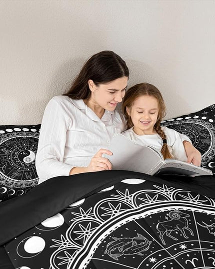 Sun Moon Kids Comforter Set King Size,Starry Sky Galaxy Planet Trippy Bedding Set,Boys Girls Adults Room Decor,12 Constellation Mandala Boho Down Comforter,Black White Duvet Insert,2 Pillowcases