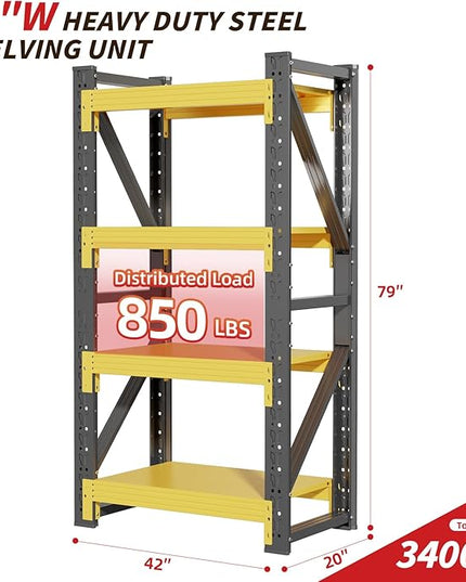 42" W Garage Shelving,4-Tier Heavy Duty Storage Shelves Unit with Adjustable Metal Shelf for Warehouse,Basement,Workshop,3400LBS,42" W x 20" D x 79" H,Black&Yellow