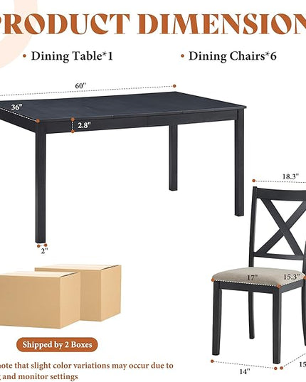 AMERLIFE 7-Piece Farmhouse Dining Table Set with 6 Upholstered Chairs, 60" Space-Saving Dining Table & Chair Set for Dining Room, Kitchen, Small Apartment, Restaurant, Grey & White