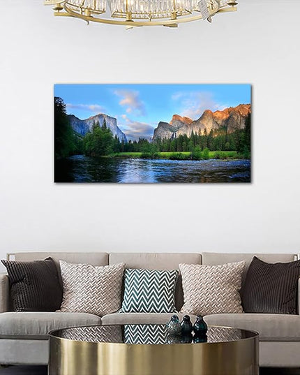 Canvas Wall Art Panorama of Yosemite Valley Painting Canvas Artwork Lake Mountain National Park Nature Pictures Framed Wall Art for Living Room Bedroom Office Wall Decor Home Decoration 24" x 48"