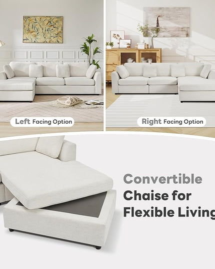 Tbfit L Shaped Couch, Oversized 108" Modular Sectional Sofa with Convertible Chaise, Comfy 4 Pillows Sofa for Living Room, White