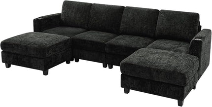 110" Chenille U-Shape Sofa with Flexible Ottomans, Comfy Sectional Sofa with 2 Built-in Cup Holders, Convertible 4 Seats Couch with Well-Filled Back Cushions for Living Room, House, Black