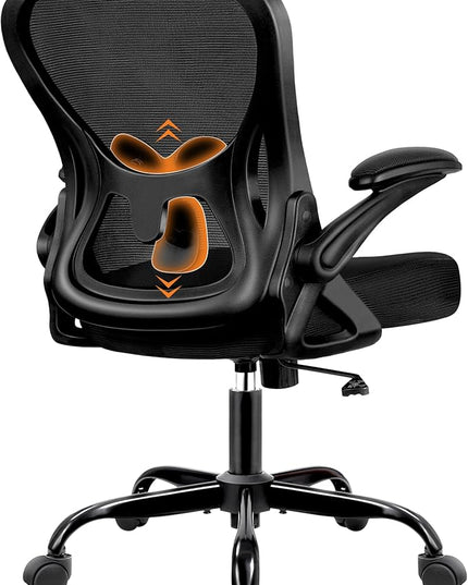 Office Chair, Ergonomic Mesh Desk Chair with Adjustable Lumbar Support & Flip-Up Armrest, Mid Back Computer Chair, Swivel Task Rolling Chair for Home and Office (Black)