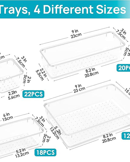 Vtopmart 72 PCS Clear Plastic Drawer Organizers Set, 4-Size Versatile Bathroom and Vanity Organizer Trays, Non-Slip Storage Containers for Makeup, Jewelries, Bedroom，Kitchen Utensils and Office