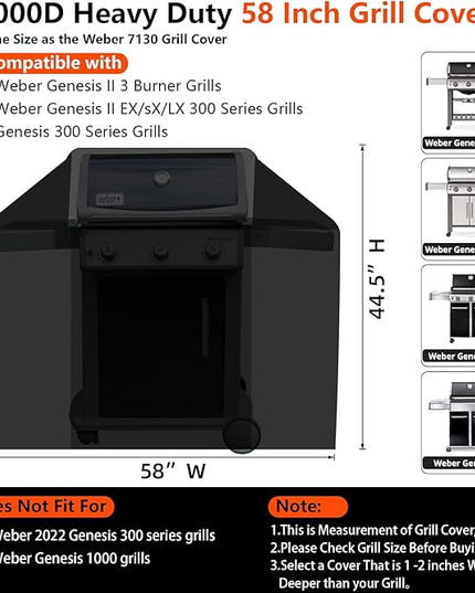 [Upgraded 1000D Heavy Duty Fabric] 58" Grill Cover for Weber Genesis II, LX 300 and Genesis 300 Series Outdoor Gas Grill, Waterproof BBQ Cover, Tear & Fade Resistant 7130 Grill Cover for Weber Grill