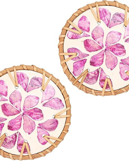 uxcell 2Pcs Handmade Woven Rattan Coasters, Heat-Resistant Drink Coasters for Coffee Table Dining Room Kitchen Coffee Wine Decor, Purple Petal