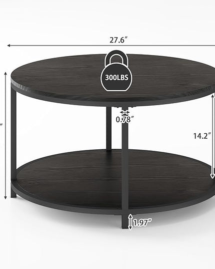 NSdirect Round Coffee Table, 25.6" Small Coffee Table for Living Room,2-Tier Rustic Wood Desktop with Storage Shelf Modern Design Home Furniture(Brown)