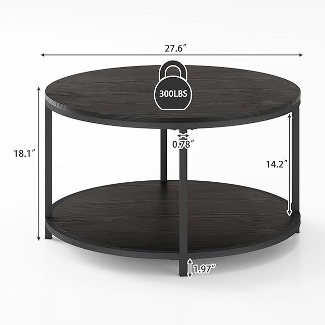 NSdirect Round Coffee Table, 25.6" Small Coffee Table for Living Room,2-Tier Rustic Wood Desktop with Storage Shelf Modern Design Home Furniture(Brown)