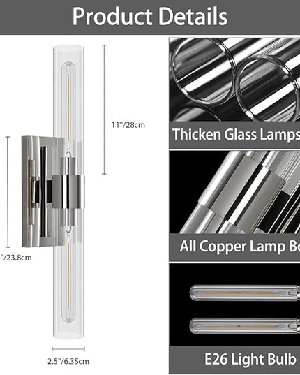 YUYI Nickel Wall Sconces Set of Two, 22.8'' Indoor Sconces Wall Decor Set of 2 with Clear Glass Shade, Bathroom Vanity Wall Lights for Bathroom Living Room Bedroom Hallway Fireplace Staircase
