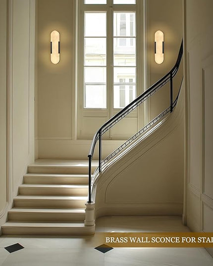 Alabaster Wall Sconce, 13.8" Natural Marble Wall Sconce, Black Alabaster Sconces Set of Two, Indoor Modern Bathroom Sconces Wall Lighting for Living Room, Bedroom, Hallway, Stairs
