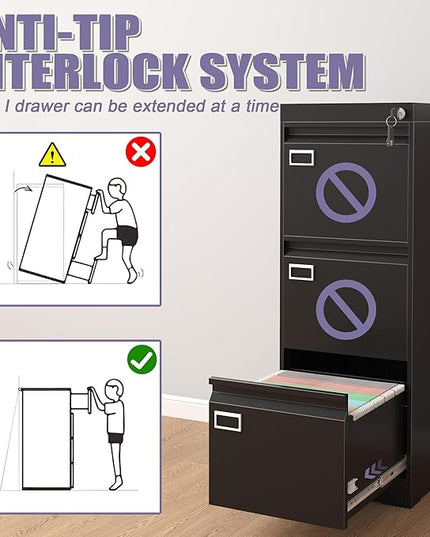 3 Drawer Metal File Cabinet with Lock, Small Locking Filing Cabinets, Vertical File Cabinet with Key, Black Under Desk Filing Cabinets for Home Office