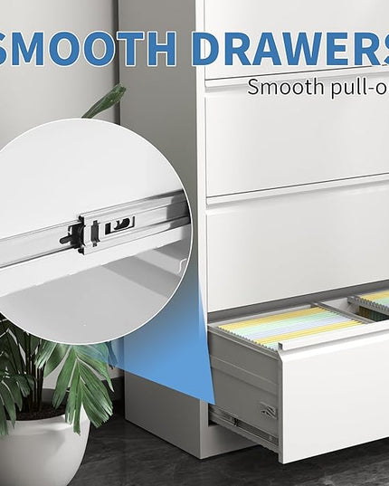 File Cabinets 4 Drawer,Metal Office Storage Filing Cabinet with Lock,White Lateral Filing Cabinet for Home Office,Horizontal Locking File Cabinet for Legal/Letter/A4,Assembly Require,White